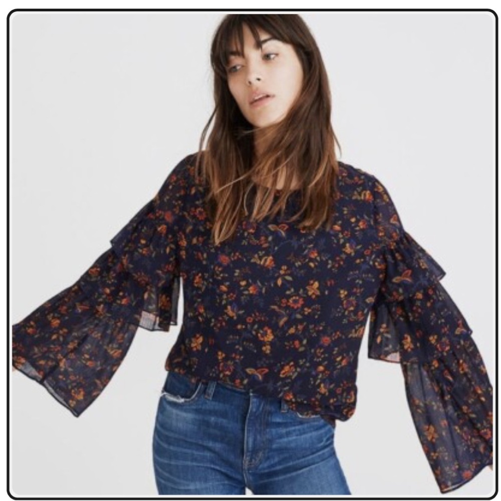 Madewell Navy Floral Blouse with Flared Sleeves